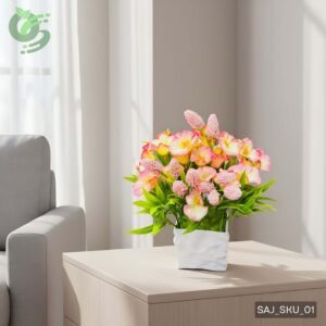 সাদা টবসহ সুন্দর গোলাপি ও হলুদ রঙের কৃত্রিম ফুল গাছ