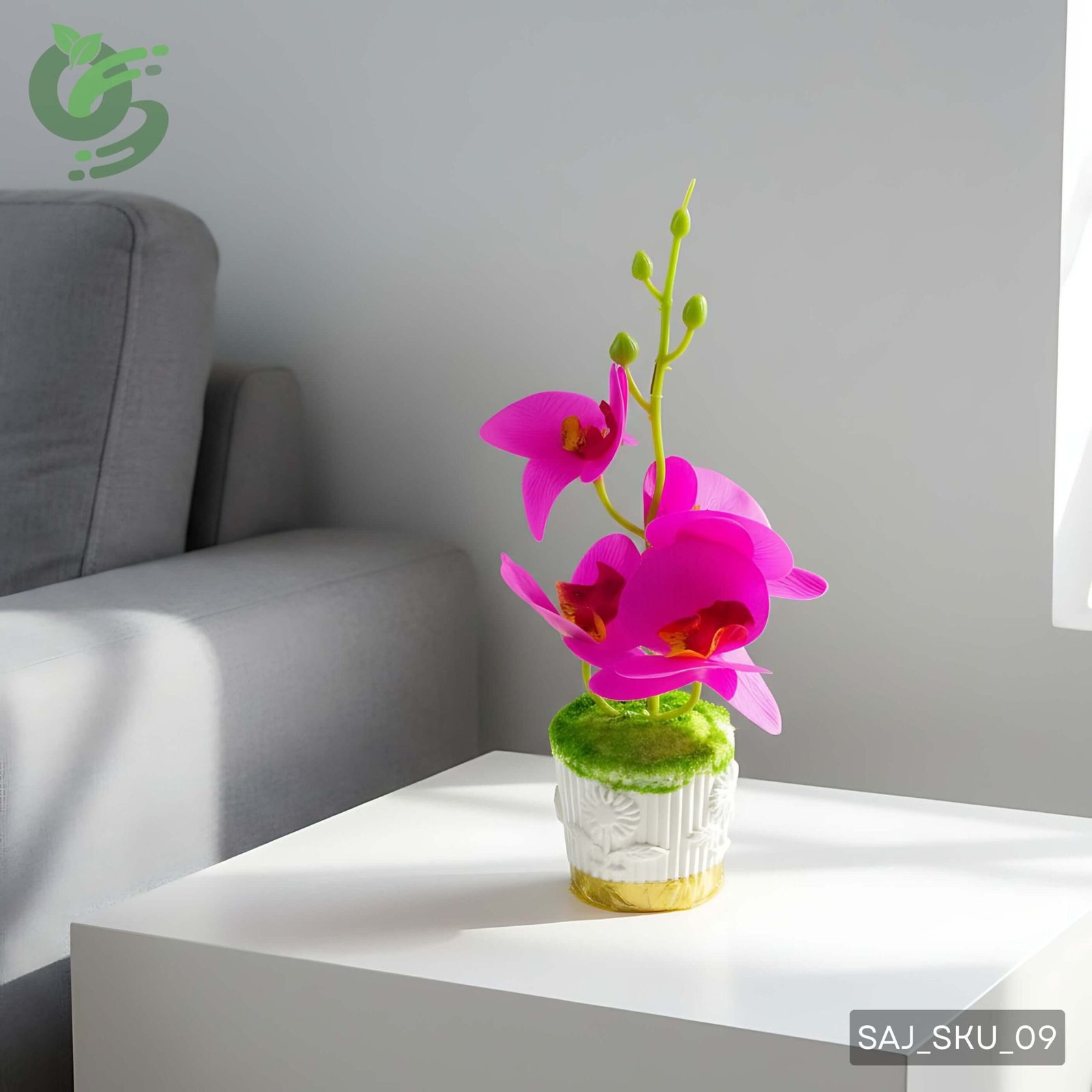 সোনালী বর্ডার ও সাদা টবসহ কৃত্রিম পার্পল অর্কিড