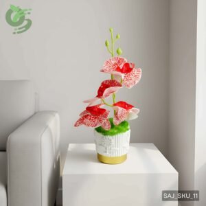 সোনালী বর্ডার ও সাদা টবসহ কৃত্রিম লাল-সাদা অর্কিড