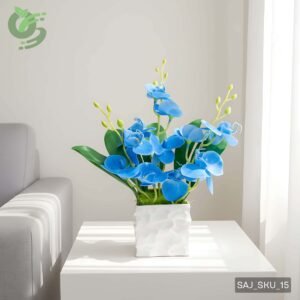 সাদা আধুনিক কিউব টবসহ বিশাল কৃত্রিম নীল অর্কিড ঝাড়