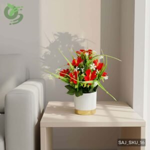 সোনালী বর্ডার যুক্ত সাদা টবসহ কৃত্রিম লাল লিলি ফুল গাছ