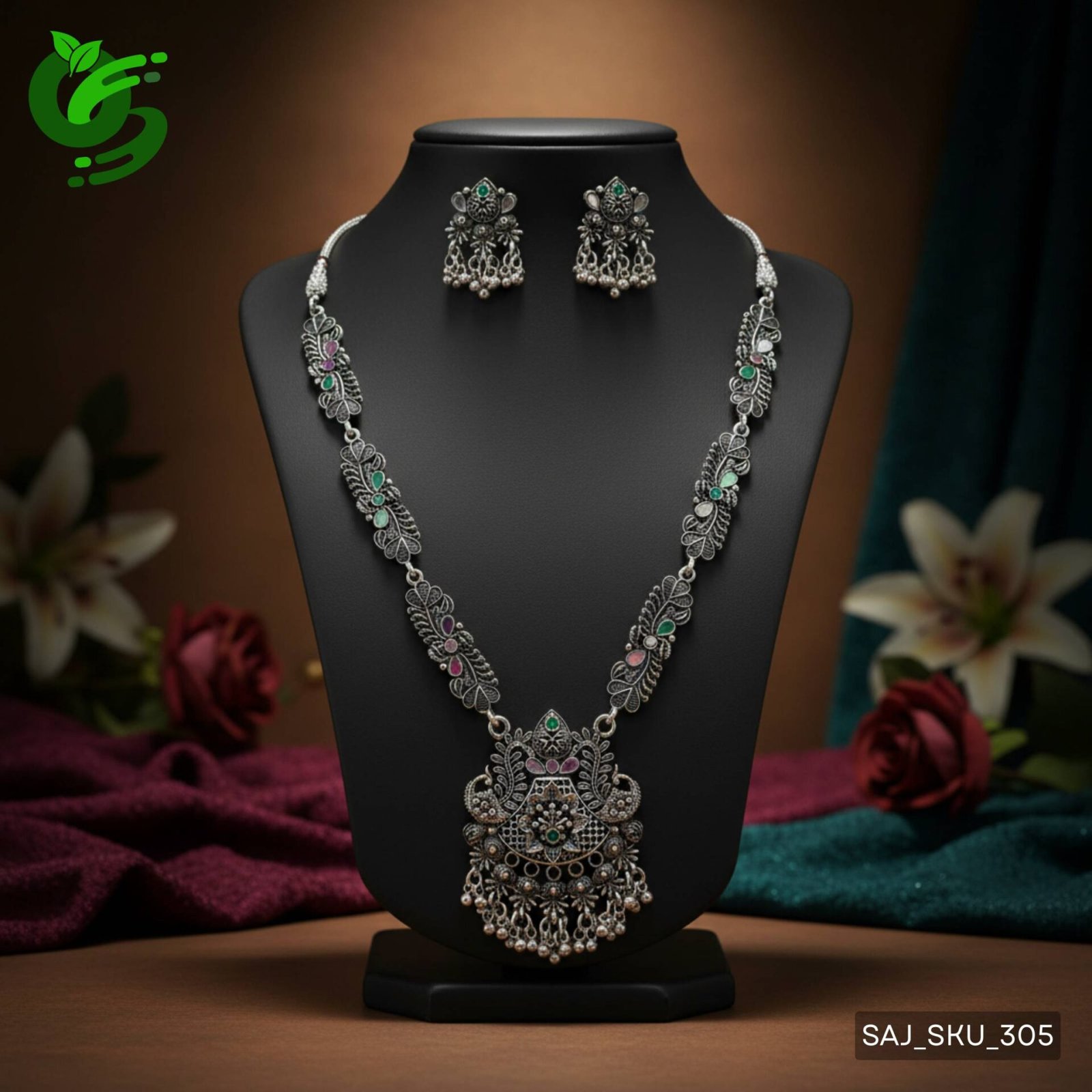 Elegant Oxidized Silver Stone Necklace Set with Earrings for Women