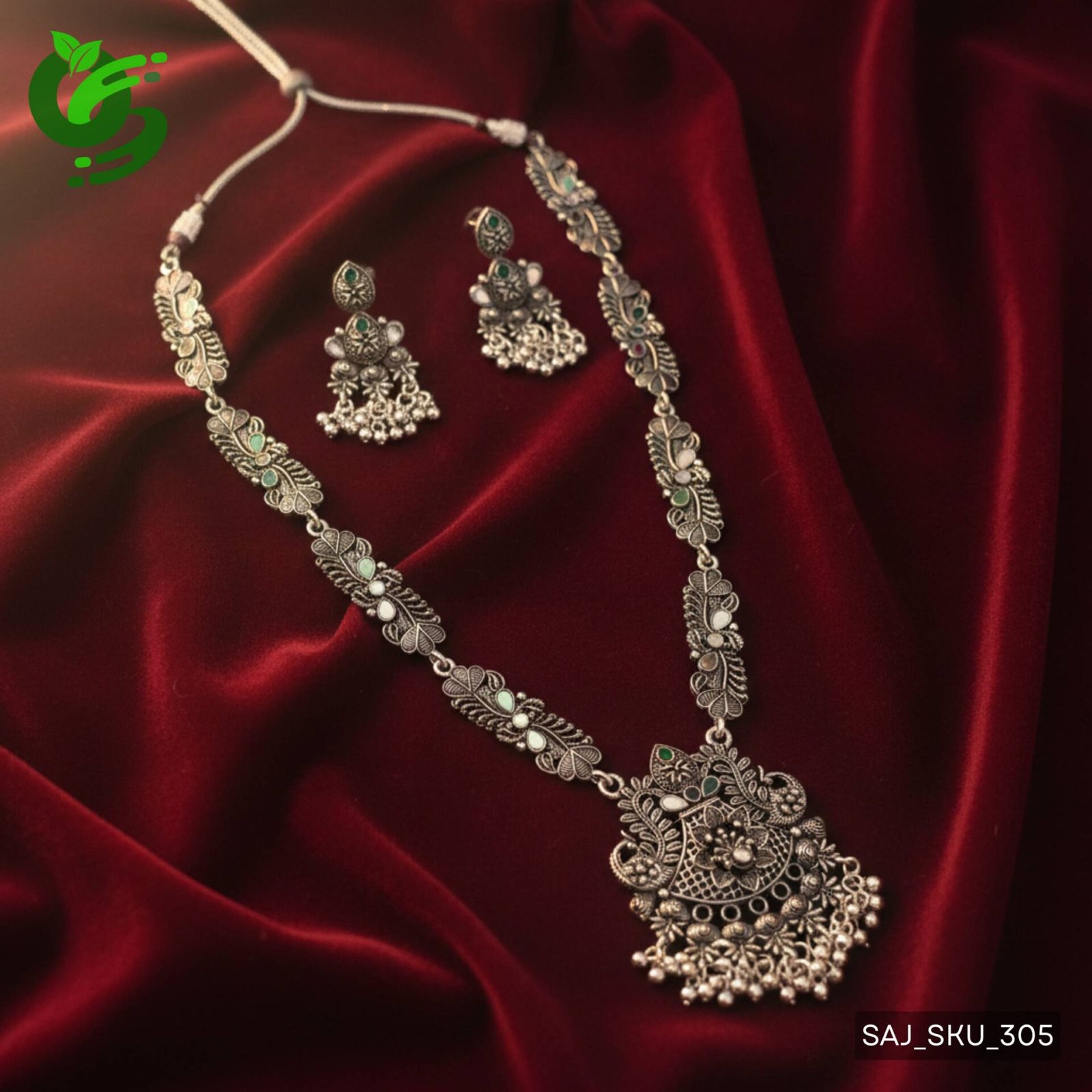 Elegant Oxidized Silver Stone Necklace Set with Earrings for Women