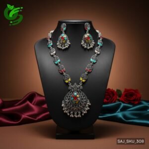 Traditional Multicolor Stone Necklace Set with Earrings for Women