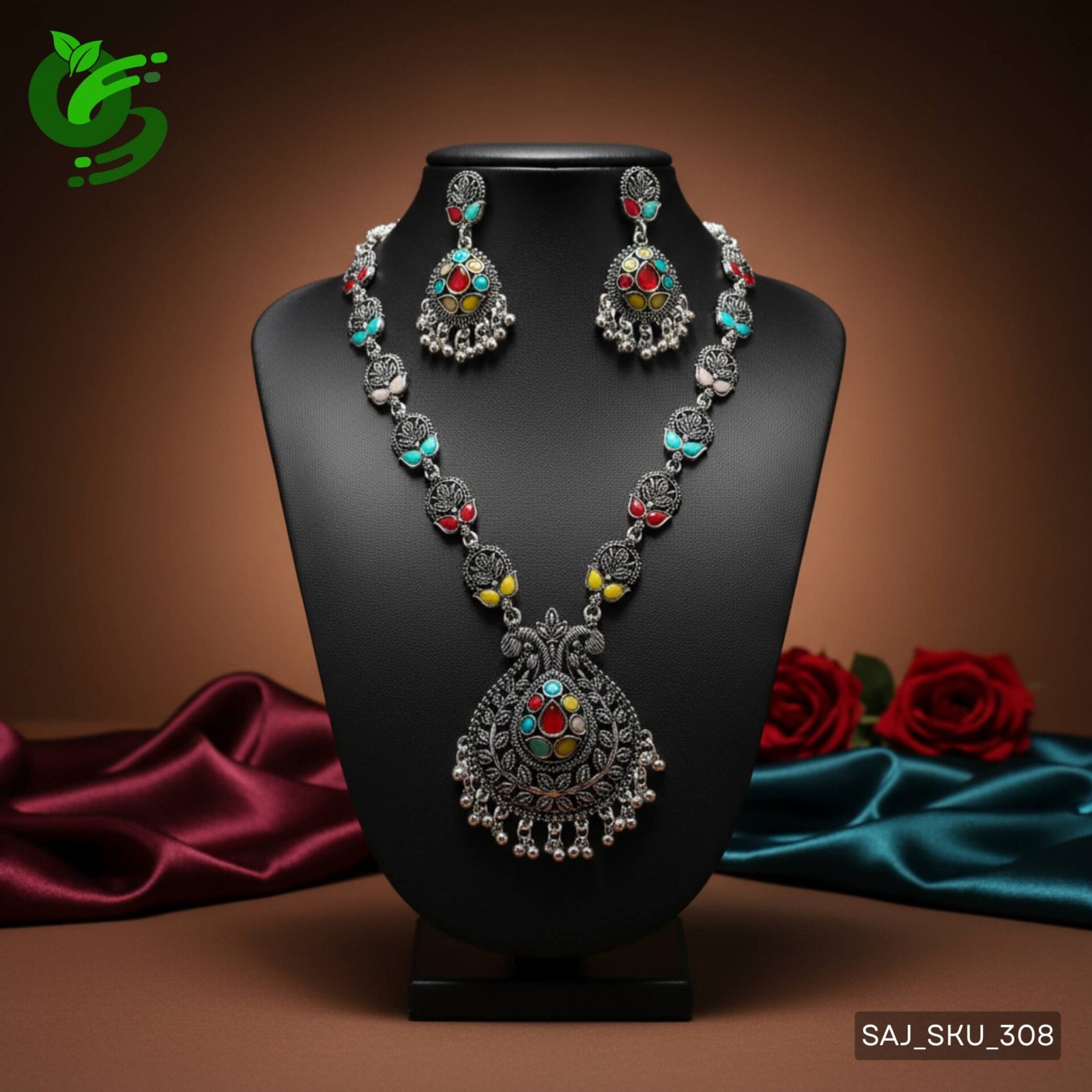 Traditional Multicolor Stone Necklace Set with Earrings for Women